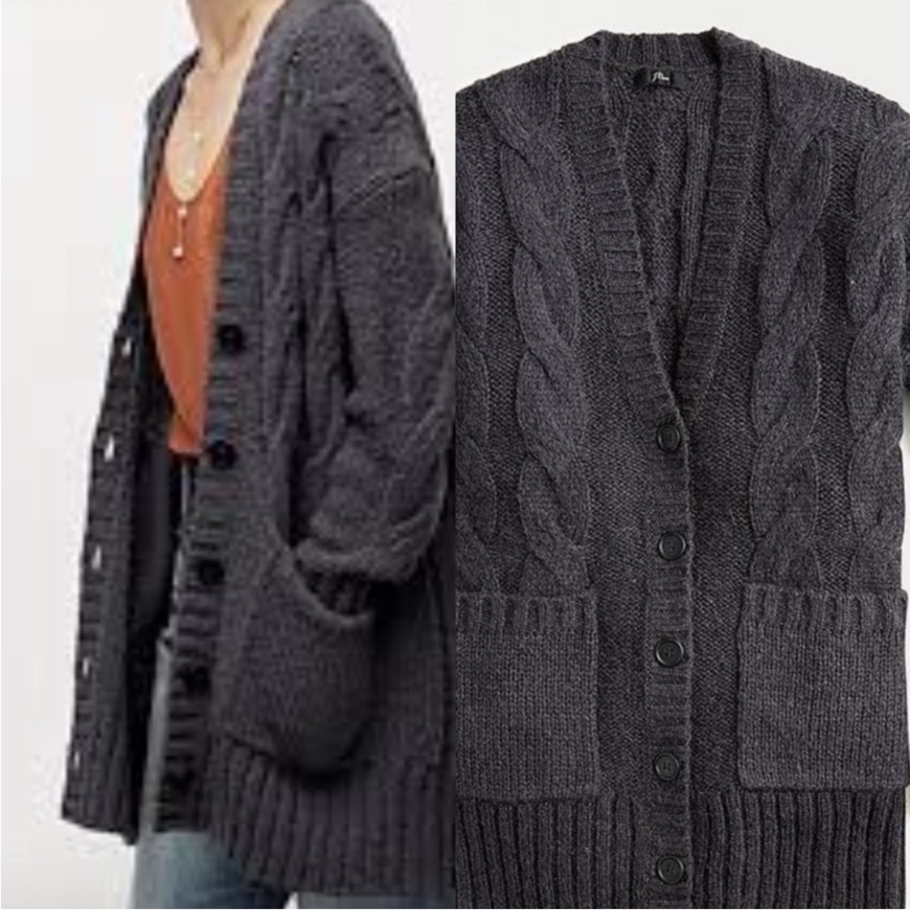 J Crew dark gray oversized cable knit cardigan medium wool alpaca blend‎ EUC